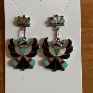Zuni Sterling Silver Thunderbird drop earrings signed by artist Breon Wallace